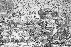 Raining cats and dogs, 1817 caricature