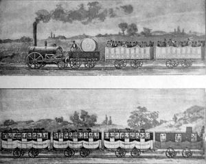 First passenger railway 1830, Liverpool & Manchester Railway.  Source - Wikipedia