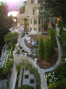 Villa Helios:  The back of the mansion with the terraced walk leading toward the lake.  Under renovation.